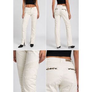 Twin-Set Simona Barbieri White Moto Jeans Embellished Pants Ankle Zip Italy Sz31